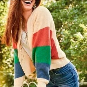 CAbi Women's Colorblock Cardigan in Cream, Red, Green, and Blue